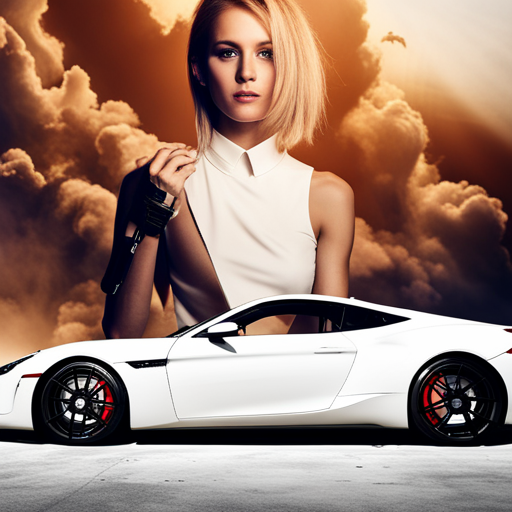 A confident woman standing behind and above an exclusive sports car, epitomizing the transformative potential of automotive social media marketing.