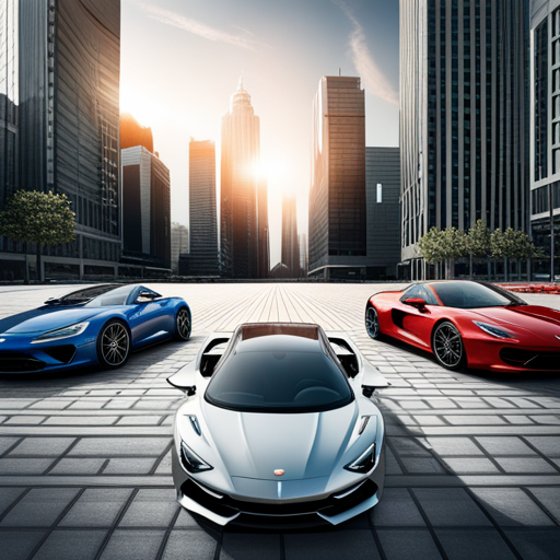 A captivating image displaying a group of high-end sports cars, including models in vibrant red, sleek blue, and polished silver, parked in front of a stunning cityscape. The twinkling city lights in the background add to the lavish ambiance. This visually appealing scene is a powerful representation of luxury and speed, making it a perfect choice for automotive social media marketing.