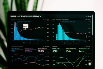 graphs of performance analytics on a laptop screen, suggesting internet marketing strategies